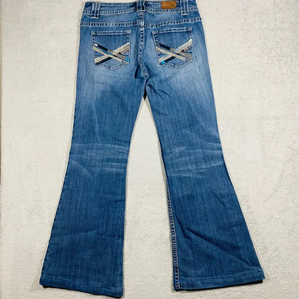 Vigoss Flare Jeans Women 9 Blue Distressed Paint Splatter Embroidered Low‎ Rise